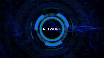 Digital Network Interface with Glowing Blue and Green Concentric Circles and Text connection technology