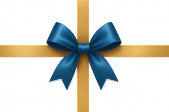 Blue satin bow with golden ribbon wrapping present for celebration, holiday, and special event, transparent background - Powered by Adobe