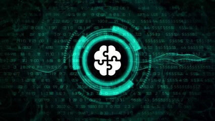 Futuristic Digital Brain Icon with Binary Code and Data Streams artificial intelligence technology