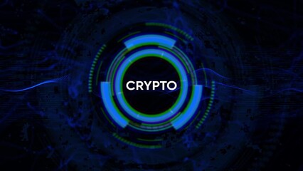 Futuristic Digital HUD Circle with the word CRYPTO in the center on a dark abstract background