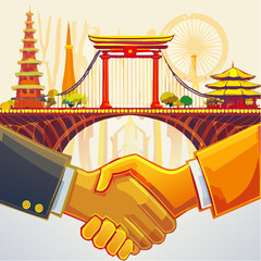 Hand shake vector illustration of businessmen on a city bridge with architecture design