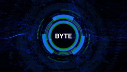 Futuristic Digital HUD Interface with the word BYTE in the center on a dark background abstract