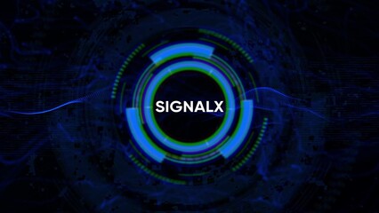 Futuristic Digital HUD Circle with the word SIGNALX in the center on a dark abstract background