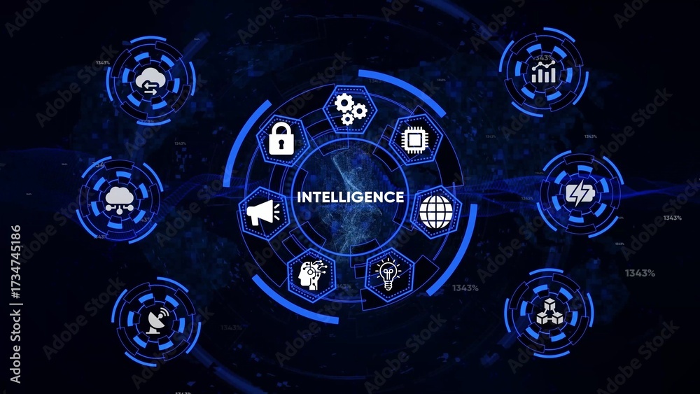 Wall mural intelligence concept with interconnected icons and data flow on dark background technology knowledge
