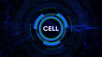 Futuristic Sci Fi HUD Circle Interface with the word CEL in the center on a dark abstract background