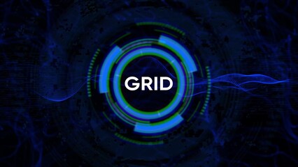 Futuristic Sci Fi HUD Circle Interface with the word GRID in the center on a dark abstract background