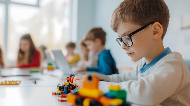 Focused young student wearing glasses engaged in building with toy blocks in a classroom setting with other students using laptops in the background.