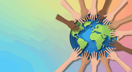 Celebrating Human Rights Day with diverse hands on globe in paper art style. Human Rights Day symbolizes unity and equality, as demonstrated by different hands touching planet Earth. Copy space