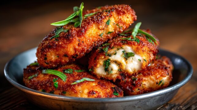 This tantalizing image features a plate of crispy fried fish cakes garnished with herbs, inviting the viewer to enjoy a delightful dish that promises flavor and satisfaction.