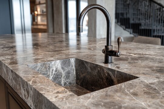 A close-up view of a modern kitchen countertop featuring a dark gray granite surface with a recessed sink and a stylish black faucet.