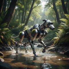 Fototapeta premium Futuristic Robotic Dog Exploring a Forest Stream: A Concept of Advanced Technology, Biomimicry, and Nature's Integration