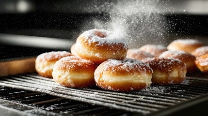 Delicious freshly made donuts piled high and dusted with powdered sugar create an inviting and mouthwatering imagery, perfect for conveying the joy of indulgence.