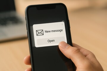 Person holding smartphone with new message notification window and open button on screen
