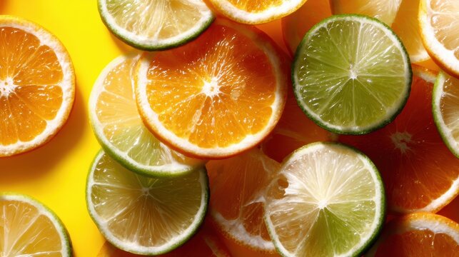 This image showcases a colorful arrangement of sliced oranges and limes, emphasizing their juicy texture and vibrant colors against a bright yellow backdrop.
