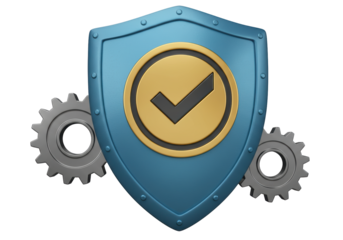 Isolated technology security shield icon with gears, settings and checkmark, golden ring