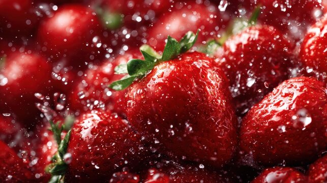 A vibrant display of fresh strawberries drenched in water droplets, highlighting their freshness and appetizing appearance against a blurred backdrop of more strawberries. - Powered by Adobe