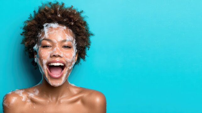 A joyful woman with a bubbly, soapy face enjoying a moment of self-care and relaxation, radiating happiness and confidence against a vibrant blue background.