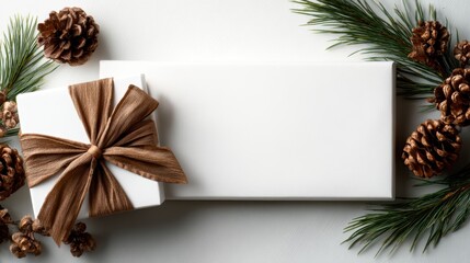 A beautifully wrapped gift sits elegantly among natural pine elements, evoking feelings of celebration and holiday spirit on a smooth, white surface.