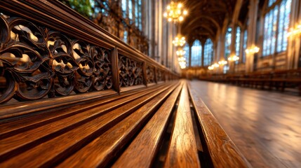 Ornate wooden benches in a grand cathedral exude elegance and craftsmanship, harmonizing architecture with spiritual tranquility in a captivating sacred space and inviting sanctuary.