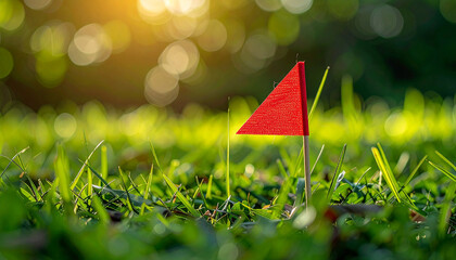 Red triangular flag in green grass, warning of danger, outdoor scene. Alerting to hazardous area