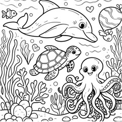 Illustration of cute sea animal coloring book vector image