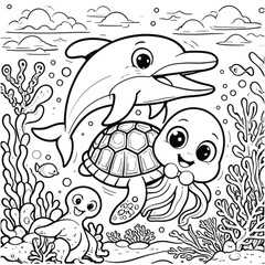 Illustration of cute sea animal coloring book vector image