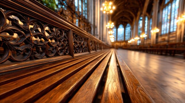 Ornate wooden benches in a grand cathedral exude elegance and craftsmanship, harmonizing architecture with spiritual tranquility in a captivating sacred space and inviting sanctuary.
