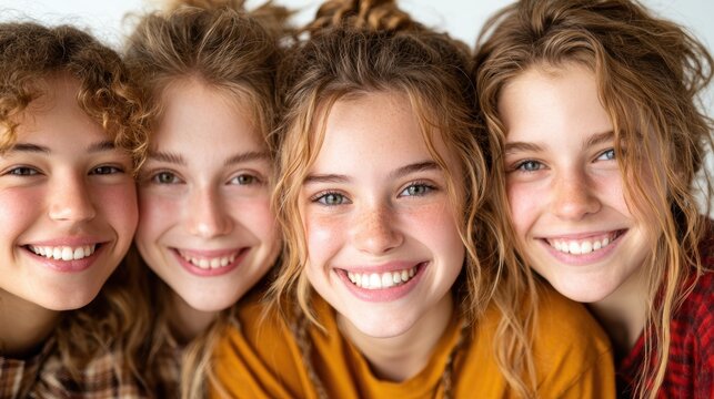 This heartwarming image features four joyful girls smiling together, capturing a moment of friendship and happiness that radiates warmth and positivity in their expressions.