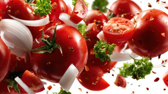 A dynamic composition features fresh tomatoes and vegetables, artfully scattered and captured in motion, highlighting the vibrant colors and textures that celebrate culinary delights.
