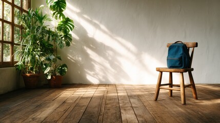A serene and minimalist room featuring a wooden chair and a blue backpack, bathed in natural light, showcasing a blend of simplicity and functionality in design.
