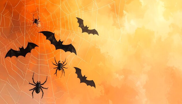 A captivating Halloween design features black spiders and bats against a vibrant orange and yellow backdrop with a spiderweb design.