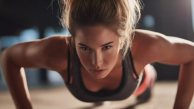 Woman doing push ups on the floor at the Gym during the day