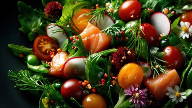 A vibrant and fresh salad composition featuring greens, cherry tomatoes, radishes, and edible flowers, showcasing healthful eating and the beauty of nature's colors.
