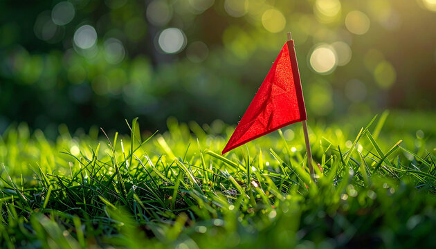 Red triangular flag in green grass, warning of danger, outdoor scene. Alerting to hazardous area