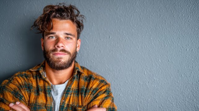 A handsome man with a well-groomed beard and stylish attire poses confidently against a gray wall, reflecting modern masculinity and fashion-forward personal style.