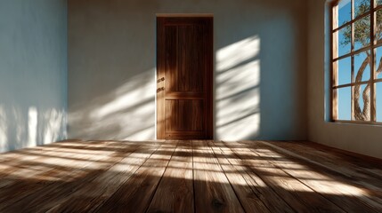 An airy room illuminated by sunlight casting intricate shadows across wooden flooring, evoking feelings of warmth, serenity, and inspiration in a beautifully simple space.