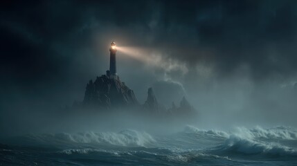 A striking photo of a lonely lighthouse on steep rocks, piercing the thick fog with a beam of light, with dramatic waves crashing below, a dark romantic atmosphere
