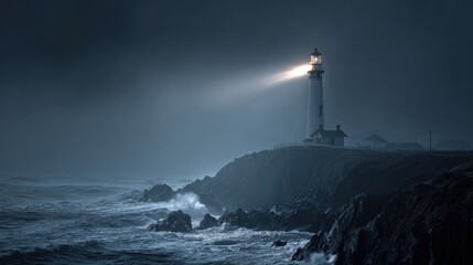 A striking photo of a lonely lighthouse on steep rocks, piercing the thick fog with a beam of light, with dramatic waves crashing below, a dark romantic atmosphere
