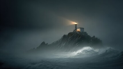 A striking photo of a lonely lighthouse on steep rocks, piercing the thick fog with a beam of light, with dramatic waves crashing below, a dark romantic atmosphere
