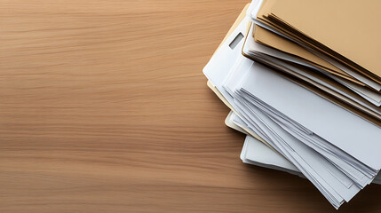 Neatly organized business files and papers. Office paperwork and documentation, a stack of documents, and papers on a wood surface.