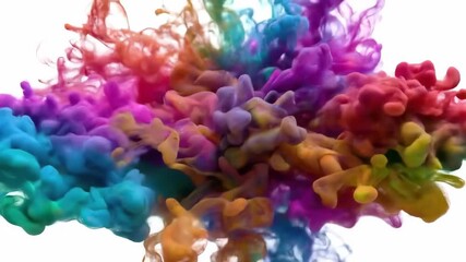 A vibrant explosion of multicolored ink spreading and mixing in water against a clean white background. - Powered by Adobe