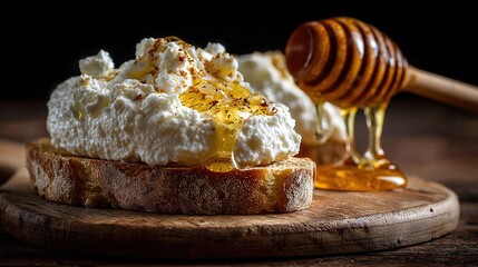   Bread atop wooden board with honey drizzle beside it