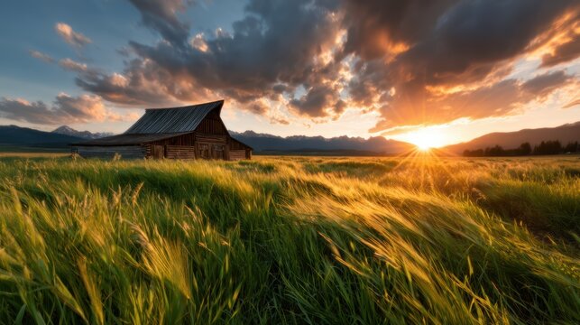 An inviting image showcasing golden grass fields swaying gently at dusk, with a rustic barn in the distance under a vibrant sky, evoking feelings of peace and nostalgia. - Powered by Adobe