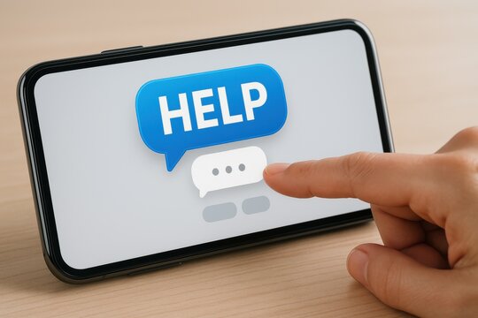 Finger pressing smartphone screen with digital help chat bubble for online support service
