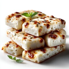 Stack of Focaccia Bread Slices with Cheese and Herbs, White Background