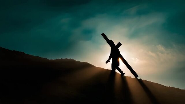 Silhouette of person carrying large wooden cross against bright sky symbol of faith sacrifice spiritual journey and perseverance walking uphill in dramatic lighting