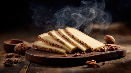  A pile of cheese on a wooden cutting board with walnuts and a cup of coffee nearby
