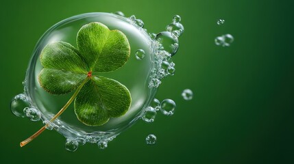   A four-leaf clover floats in a bowl of water, with bubbles at the base and a green background