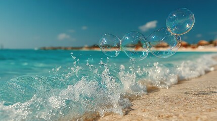   A cluster of air bubbles bobbing above a sandy shore beside a tranquil waterway on a radiant afternoon