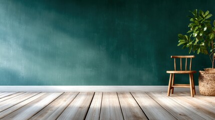 A charming wooden chair stands alone by a lush green wall, showcasing a serene and minimalist interior that evokes tranquility and simplicity in design aesthetics.